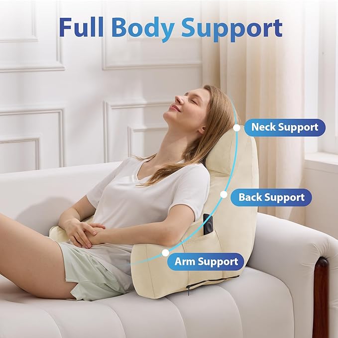 Back Pillow for Bed Sitting up, Reading Pillow for Sitting in Bed Adult, Back Support Pillow, Memory Foam Sit up Lounge Backrest Pillow with Arms for TV, Couch, Chair, Dorm, 18 Inch, Beige