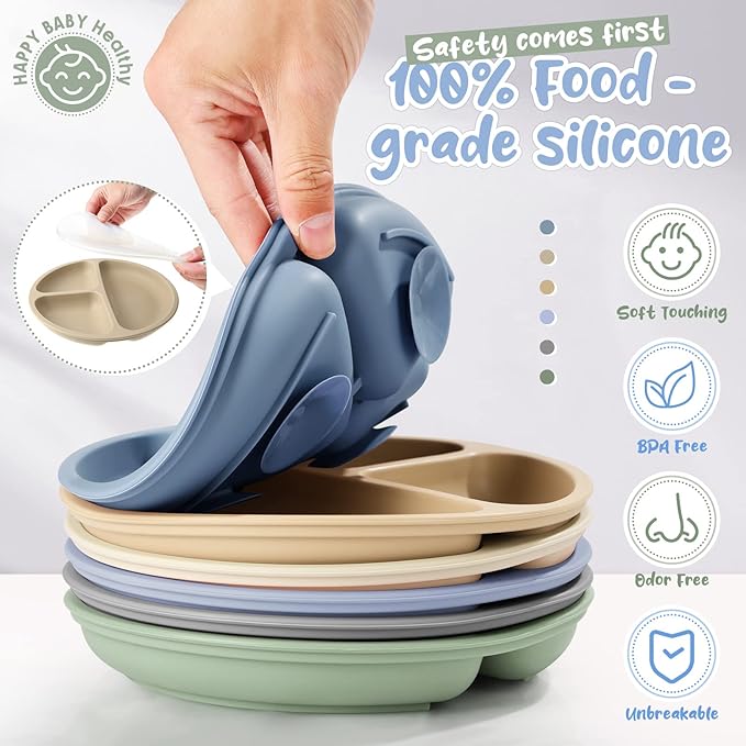 Meanplan 6 Pack Suction Plates for Toddlers with Lids Silicone Baby Plates set Food Grade Silicone Divided Design BPA Free Microwave and Dishwasher Safe Assorted Colors(Elegant Colors)