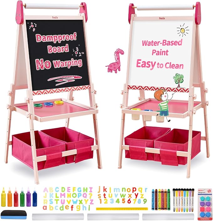 FUNLIO Anti-Warping Kids Art Easel, 3 Height Adjustable for Kids Aged 2-8, All-in-One Toddler Easel with Paper Roll & Erasable Frame, Standing Easel with Magnetic Chalkboard/Whiteboard (Pink)