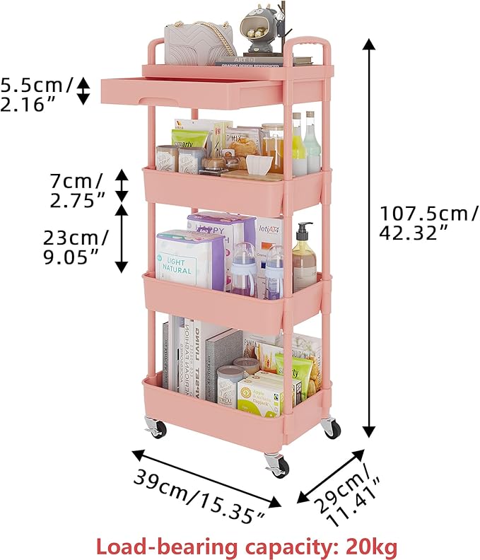 Calmootey 4-Tier Rolling Utility Cart with Drawer,Multifunctional Storage Organizer with Plastic Shelf & Metal Wheel,Storage Cart for Kitchen,Bathroom,Living Room,Office,Pink