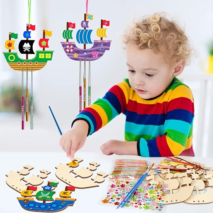 Fennoral 10 Pack Wind Chime Kit for Kids Make Your Own Pirates Ship Wind Chime Wooden Arts and Crafts for Girls Boys Ornaments DIY Coloring Ship for Art Activity Birthday Spring Party Decoration