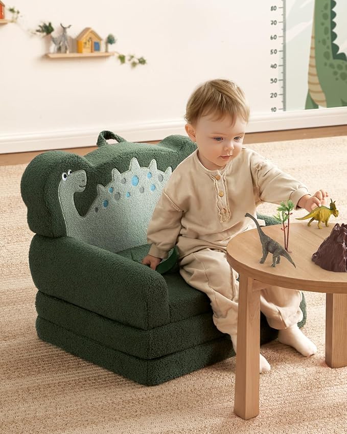 Blissful Diary Kids Couch, 2-in-1 Soft Toddler Couch Fold Out, Toddler Chair Comfy, Convertible Sofa to Lounger with Cute Dinosaur Designs, Dark Green