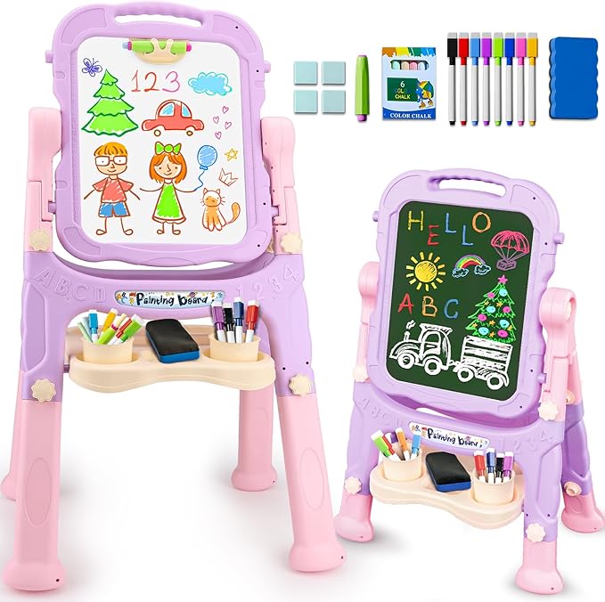 Kids Easels for Toddlers 2-4 Double Sided Kids Art Easel with Magnetic White Board & Chalk Board Adjustable Stand Drawing Painting Easel Learning Toys Age 2 3 4 Year Old Girl Birthday