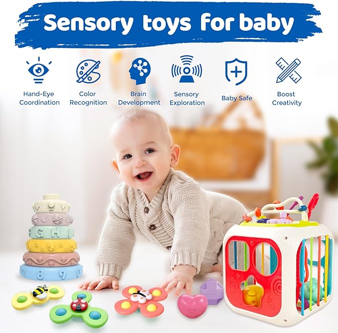5 in 1 Montessori Baby Toys for 3+ Year Old - Sensory Bins Toys, Travel Pull String Toy & Shape Sorter & Stacking Building Blocks & Suction Cup Spinner Toys, Birthday for Baby