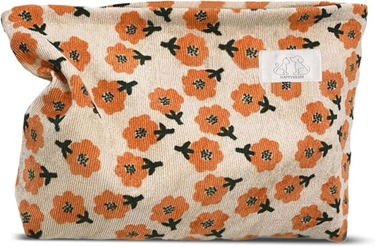 HAPPYHEIDI Women Floral Corduroy Canvas Makeup Bag Travel Cosmetic Pouch Purse Organizer, Cute Beige