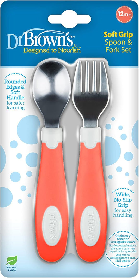 Dr. Brown's Designed to Nourish Soft-Grip Spoon and Fork Set,Coral