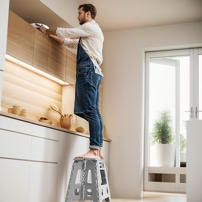 ACKO Folding Step Stool Foldable 16 Inch Stool 400 lbs Capacity,Plastic Stools for Adults and Kids,Collapsible Stool for Kitchen, Stepping Stool with Handle(Grey)