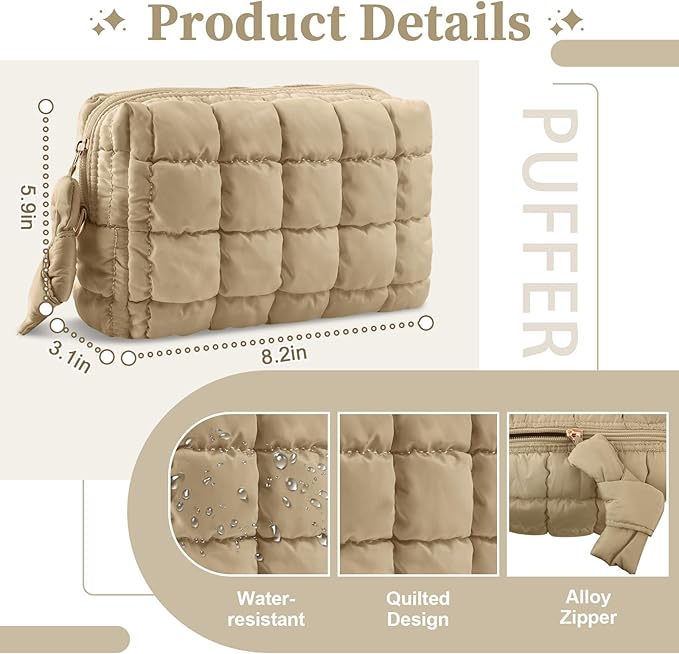 Puffer Quilted Makeup Bag Cosmetic Bags,Puffy Travel Toiletry Pouch for Women,Cute Checkered Zipper Bag Travel Essential,Portable Aesthetic Make up Organizer Bag for Gifts Work Daily(Khaki,M)