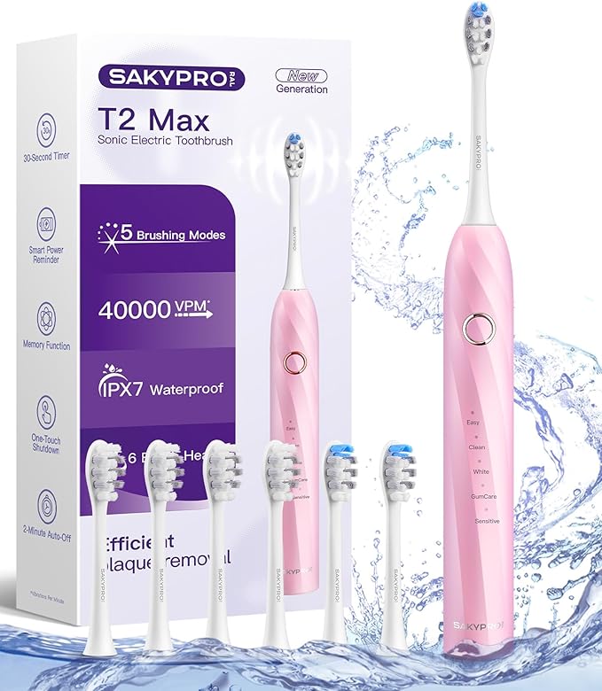 40,000 VPM Electric Toothbrush for Adults & Kids - Ultra Whitening Sonic Toothbrushes – 5 Modes with Smart Timer – 70-Day Long-Lasting Rechargeable Toothbrush, 6 Soft Brush Heads (T2 Max)