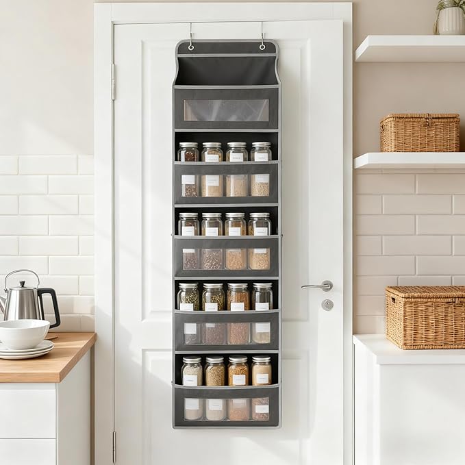 Over The Door Storage Organizer,Hanging Door Organizer with 5 Pockets Mesh Side Bag,Sturdy Hanging Shelves for Toys,Diaper,Nursery,Bedroom,Bathroom,15.7"×6.7"×57",Black