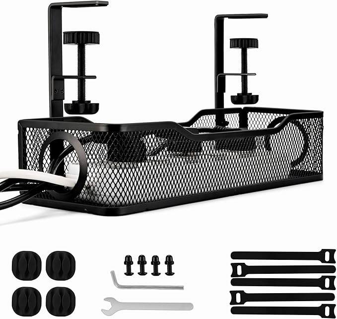 Under Desk Cable Management Tray Small – Clamp-Mounted Wire Organizer & Cord Management Under Desk Holder, No-Drill Metal Cable Tray for Home Office (Black)