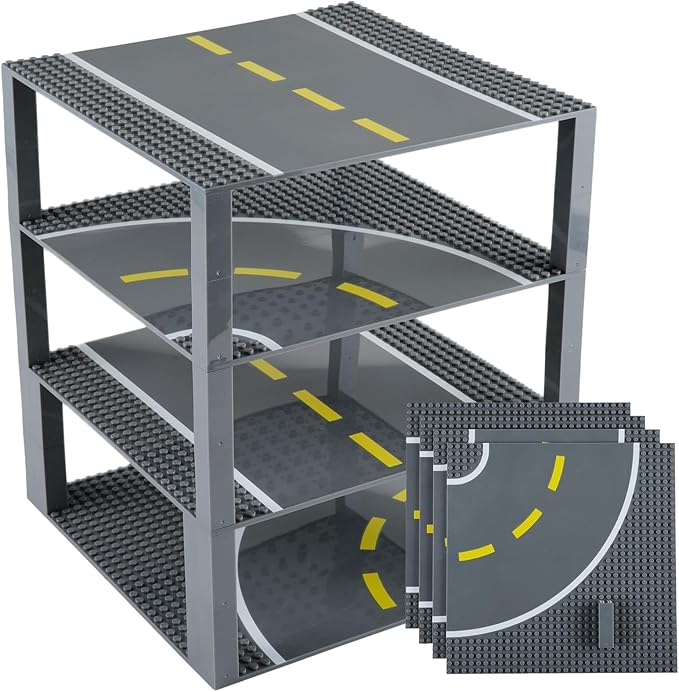 Strictly Briks Building Blocks Road Plates 10" x 10", 4 Pack City Road Classic Baseplates for Highway Bridge, Street, Race Track, Compatible with All Major Brands (2 Straight, 2 Curved, 30 Stackers)