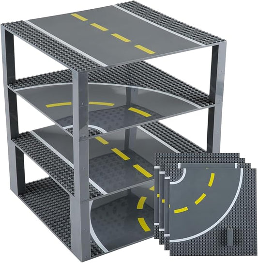 Strictly Briks Building Blocks Road Plates 10" x 10", 4 Pack City Road Classic Baseplates for Highway Bridge, Street, Race Track, Compatible with All Major Brands (2 Straight, 2 Curved, 30 Stackers)