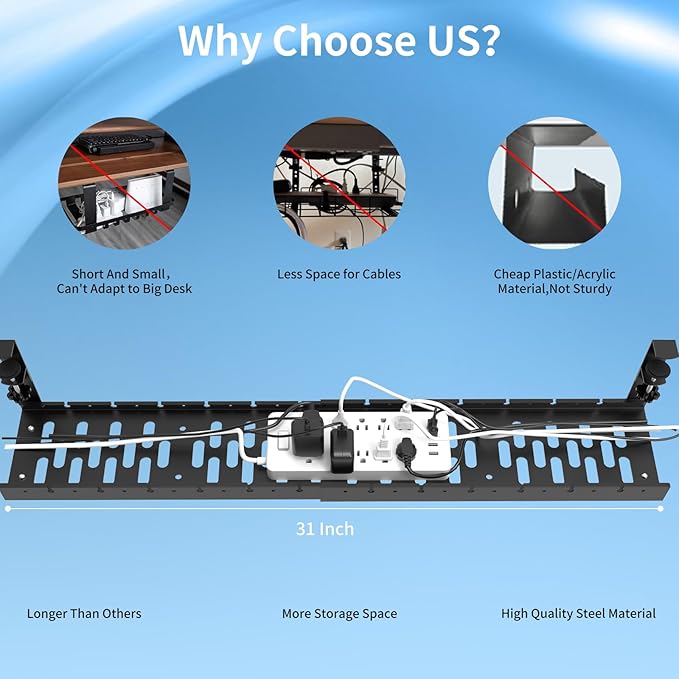 31Inch Extendable Under Desk Cable Management Tray, Black Metal Cable Management Tray Under Desk Cord Management with Clamp, 31 Inch x 4.33 Inch
