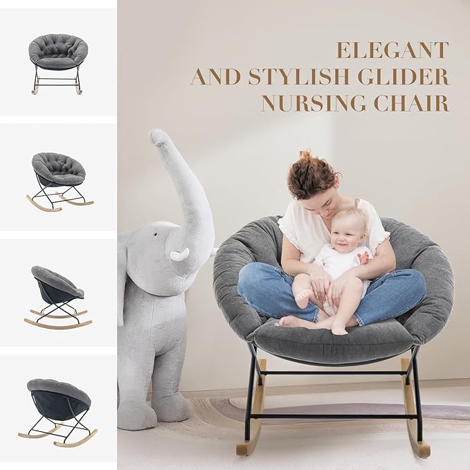 COLAMY Nursery Rocking Chair, Indoor Glider Rocker Living Room Chair with Comfy Cushions, Wood Base and Metal Legs for Bedroom, Office, Grey
