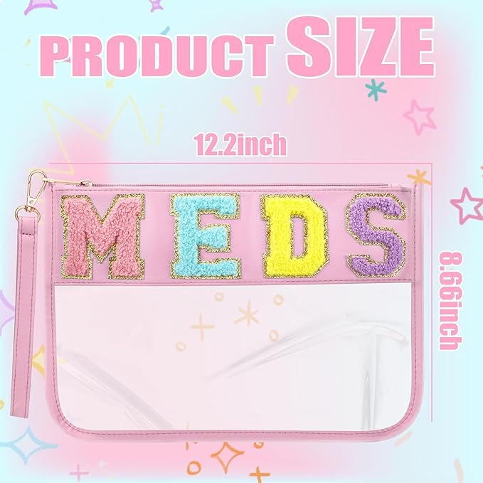BuyCard Chenille Letter Clear Medicine Bags, Makeup Meds Bags, Preppy Patch Cosmetic Bag with Zipper&Wristlet, Waterproof PU&PVC Toiletry Medicine Storage Case, Portable Travel Drugs Pills Pouch Pink