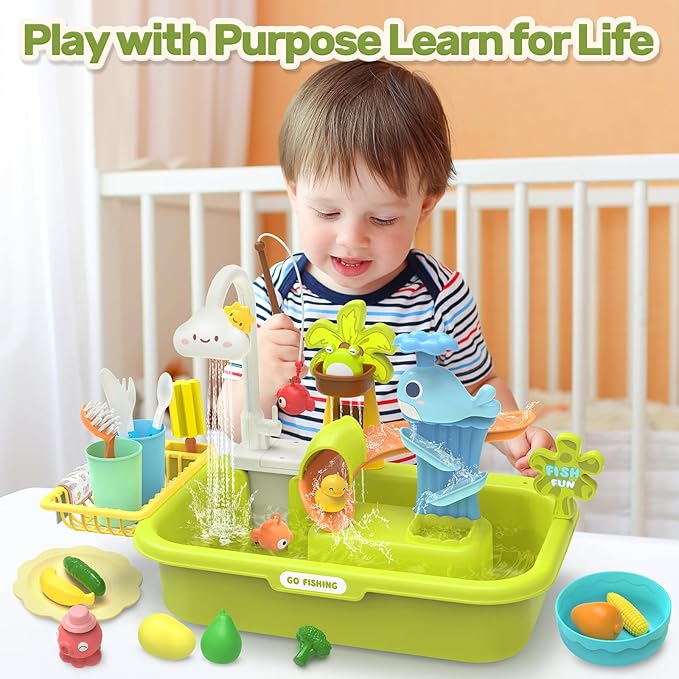 HOLYFUN Play Sink with Running Water, Kitchen Sink Toys with Upgraded Electric Faucet, Water Slide Track, Baby Dishwasher, Kids Fishing Toys, Role Play Sink Toy for Toddler Boys and Girls