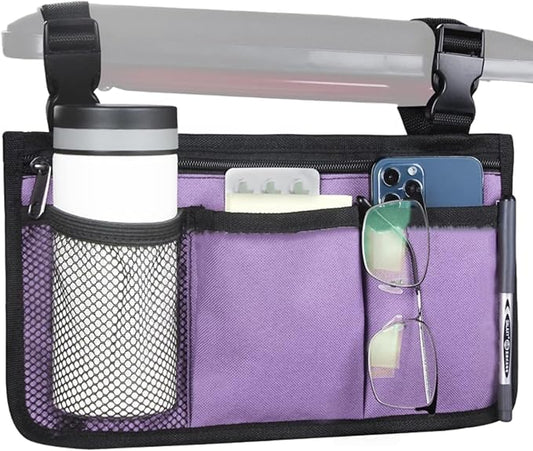 WEEOATAR Wheelchair Side Bags Storage Pouch with Cup Holder, Water-Resistant, Easy to Use with Release Buckle, Side Pocket with Reflective Stripe for Wheelchairs, Walkers or Rollator (Purple)