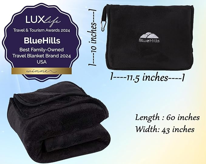 BlueHills 2-Pack Premium Soft Travel Blanket Pillow Airplane Blanket for Two in Soft Bag Pillowcase with Hand Luggage Belt and Backpack Clip, Compact Pack Large Blankets for Travel (Black T014)