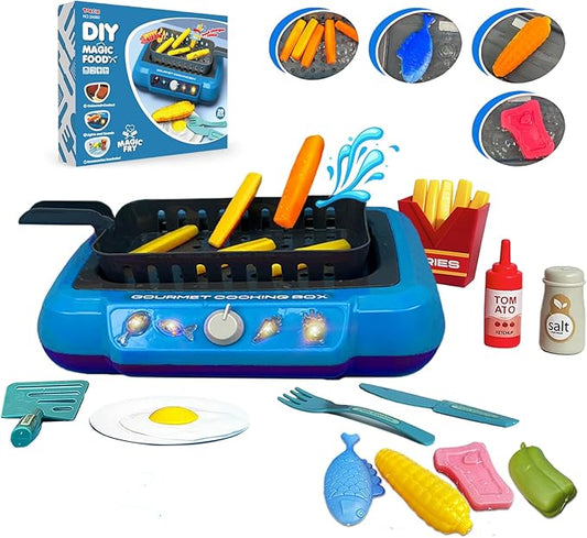 Cooking Simulator Toy with Color Changing Accessories, 20 PCS Fun Frying Kit Gourmet Cooking Box, Magic Fry Simulation Cooking Toy with Sound & Light & Bubble Grill Surface for Kids 3-8-Blue