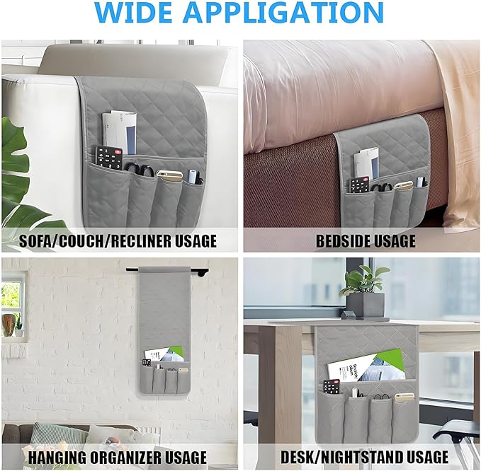 Sofa Armrest Organizer Non-Slip Arm Chair Bedside Storage Caddy Organizer Armchair Caddy for Recliner Couch Remote Holder with 5 Pockets for Cell Phone TV Remote Control Magazines(Grey)