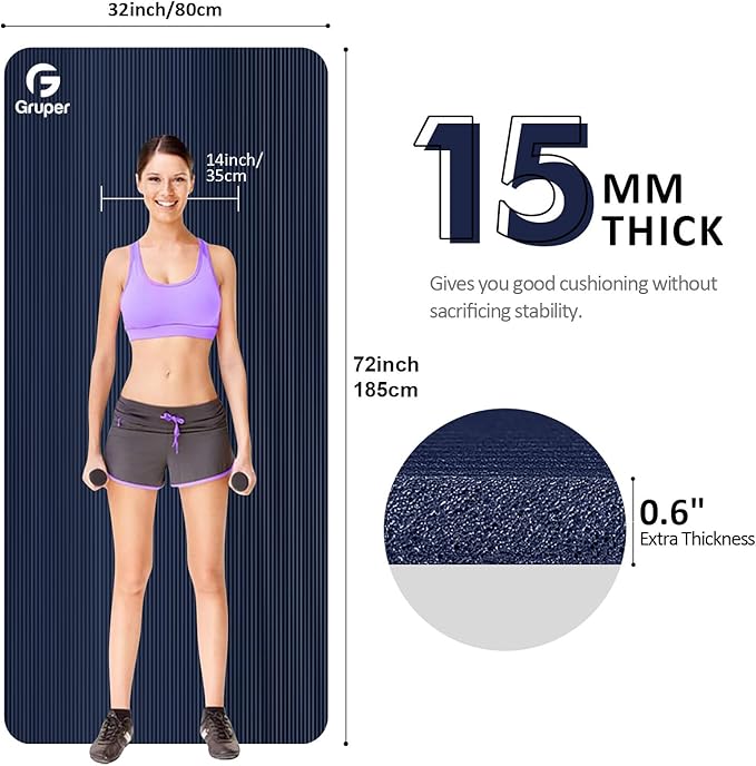 Yoga Mat Non Slip NBR Extra Thick Yoga Mat, 72"L x 32"/24"W x 0.6"/0.4"TH (185cm x 80cm/61cm x 15mm/10mm), Anti-Tear Exercise Mat with Carrying Strap and Bag, Workout Mats for Yoga, Pilates