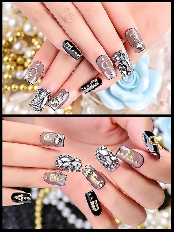 52Pcs Rhinetone Letters Nail Studs, Kalolary Gold Silver 3D Capital Rhinetone Nail Letter English Alphabet Stud Charm DIY Manicure Nails Jewelry Making Crafts Decoration for Women Girls