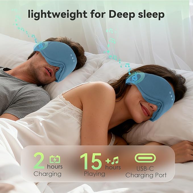 BeMyLady 3D Bamboo Cotton Sleep Mask with Bluetooth 5.4 Headphone, Music Wireless Bluetooth Blackout Eye Mask for Side Sleepers, Earphones HD Speaker Microphone for Travel, Gifts for Women Men, Blue