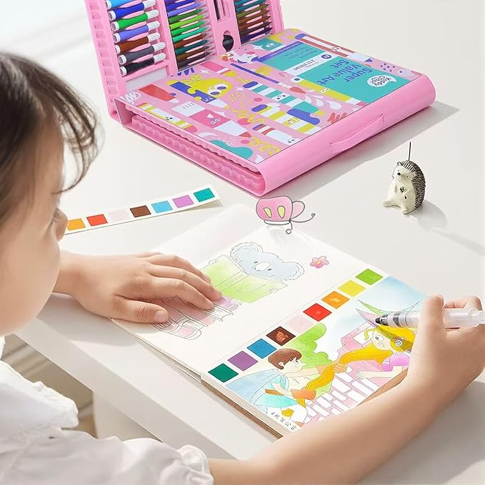 KIDDYCOLOR Kids Art Set, Drawing Art Supplies for Girls & Boys Ages 4-8 with Watercolor Cakes, Oil Pastels, Colored Pencils, Ideal Gift for Young Artist, Pink-217pcs