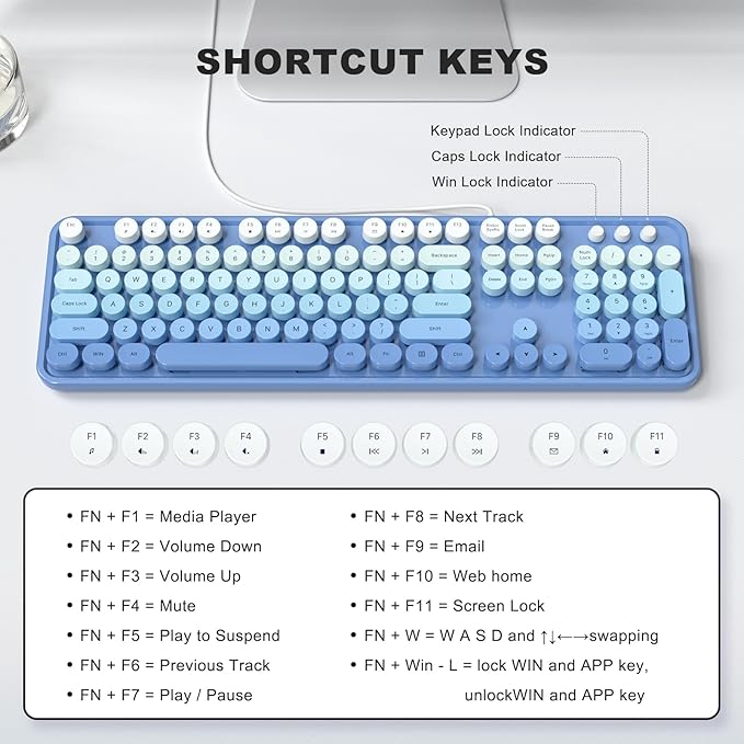 Computer Keyboard Wired, Plug and Play USB Retro Round Typewriter Keyboard, Full Size Wired Keyboard with Foldable Stands for Laptop and Office PC- Blue Gradient