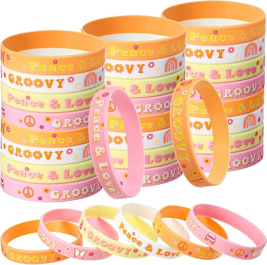 28 Pieces Groovy Retro Hippie Silicone Wristbands Daisy Flower Peace and Love Rubber Bracelets Daisy Party Favors for Kids adults 60s 70s Two Groovy themed Birthday Party Decoration Supplies