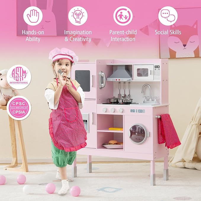 KOTEK Play Kitchen with Lights and Sounds, Wooden Toddler Kitchen Playset with Ice Maker, Washing Machine, Range Hood, 16 Pcs Toy Food & Cookware, Gift Chef Pretend Kitchen Set for Kids (Pink)