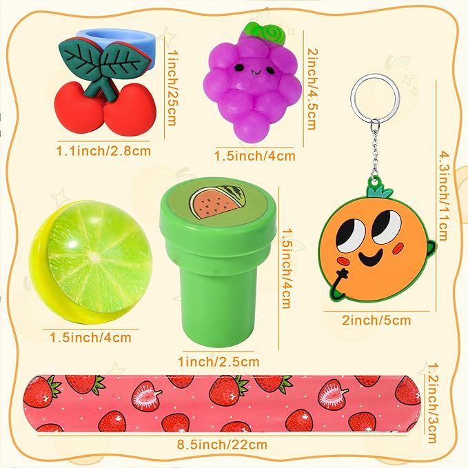 84Pcs Fruits Party Favors for Kids Squeeze Bouncy Ball Ring Keychain Slap Bracelet Tattoo Mini Toy Gift Summer Girl Boy Goodie Bag Stuffer Filler Watermelon Apple Strawberry Birthday Party Supplies