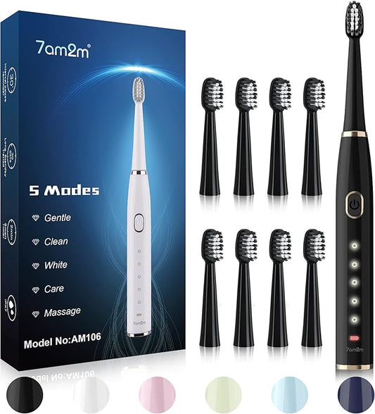 7AM2M Sonic Electric Toothbrush for Adults and Kids- High Power Rechargeable Toothbrushes with 8 Brush Heads,5 Adjustable Modes, Built-in 2-Minute Smart Timer,4 Hours Fast Charge for 30 Days(Black)