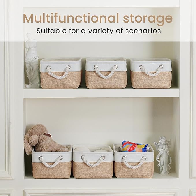 VQRTEXA Storage Baskets for Shelves 11.8x7.9x5.2 Inch, Foldable Fabric Storage Bins with Handles, Small Storage Baskets for Organizing Closet, Bathroom, Office, Home Organization (1-Pack, White&Khaki)