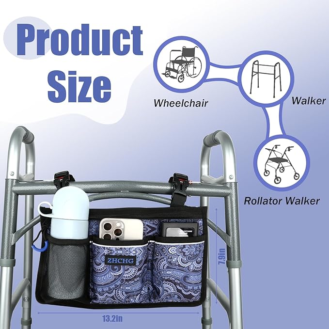 Wheelchair Side Bag, Wheelchair Armrest Pouch Accessories with Cup Holder, Storage Bag for Walker, Rollator, Electric Scooter Wheelchairs, Ideal Gift for Mother's Day & Father's Day (Navy)