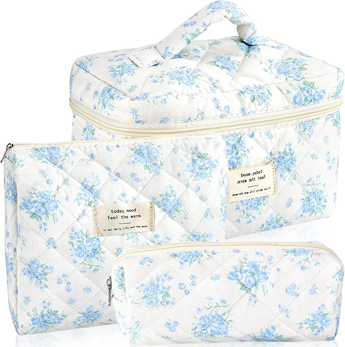 URSKYTOUS 3Pcs Cotton Quilted Makeup Bag for Women Girls Large Small Travel Floral Cosmetic Bags Set Cute Coquette Zipper Makeup Pouch for Purse Aesthetic Cloth Flower Storage Toiletry Bag Organizer