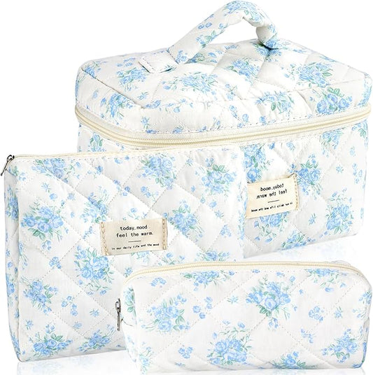 URSKYTOUS 3Pcs Cotton Quilted Makeup Bag for Women Girls Large Small Travel Floral Cosmetic Bags Set Cute Coquette Zipper Makeup Pouch for Purse Aesthetic Cloth Flower Storage Toiletry Bag Organizer