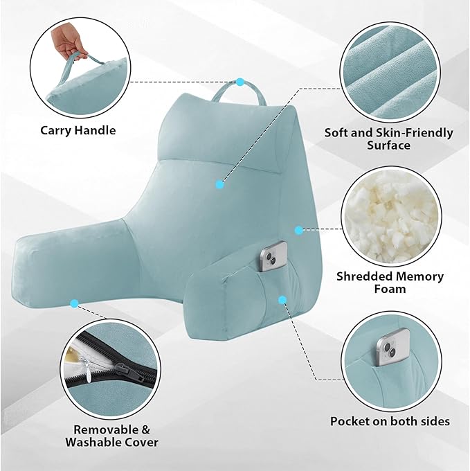 Back Pillow for Bed Sitting up, Reading Pillow for Sitting in Bed Adult, Back Support Pillow, Memory Foam Sit up Lounge Backrest Pillow with Arms for TV, Couch, Chair, Dorm, 18 Inch, Lake Blue