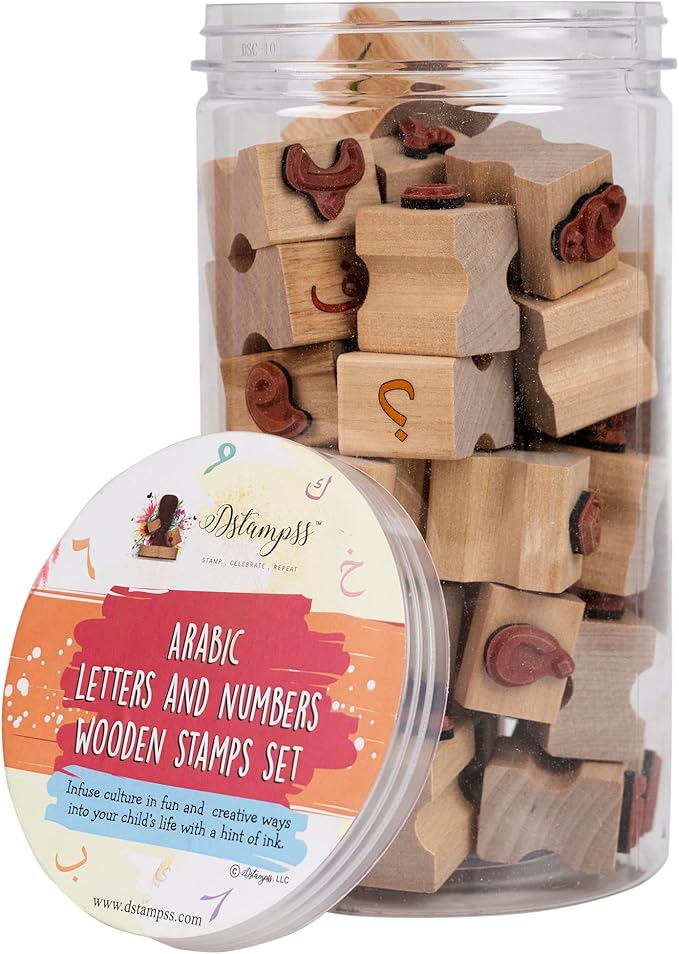 Arabic Alphabets & Number Wooden Stamps with Ink Pad in Jar– Educational Learning & Development Tool for Kids – Fun Montessori Arabic Language & Number Recognition Set for Toddlers & Preschoolers