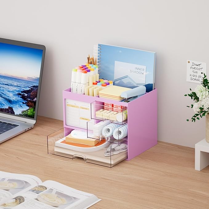 Marbrasse Desk Organizer with 3 Drawer, Multi-Functional Pencil Pen Holder, Desk Organizers and Accessories with 4 Compartments,Desktop Organizer Storage for Office Home Art Supplies (Purple)