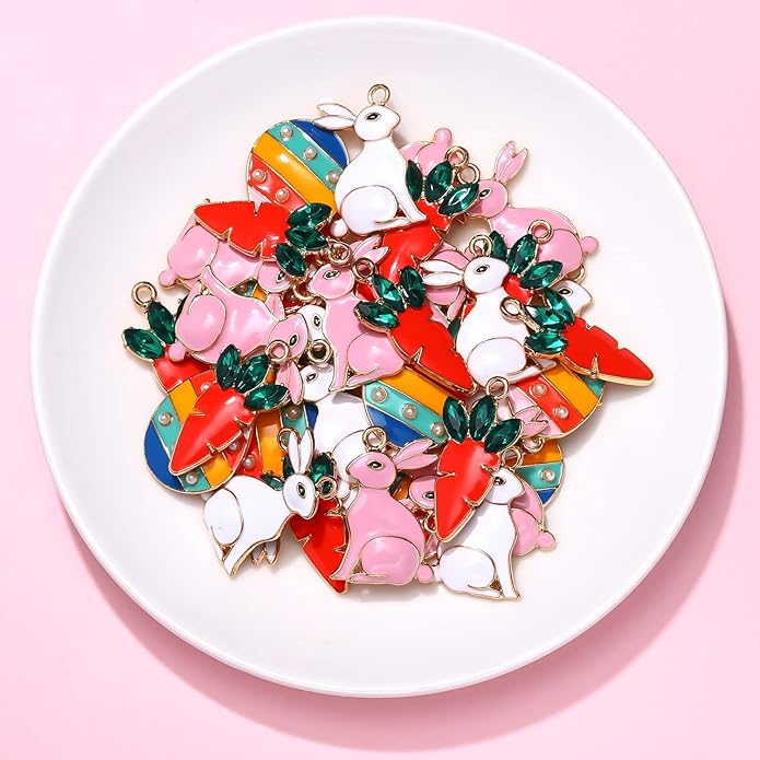 40PCS Easter Charms Enamel Bunny Carrot Egg Pendant Charms for Jewelry Making Cute Meatl Animal Rabbit Charms for Necklace Bracelet Earring Making DIY Crafts