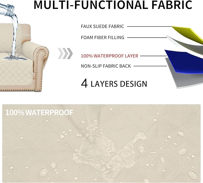 Easy-Going Waterproof Oversized Loveseat Covers Leakproof Couch Cover for 2 Cushion Couch Sofa Cover Washable Sofa Slipcover Non-Slip Furniture Protector with Pocket for Pets (Medium-XL, Ivory)