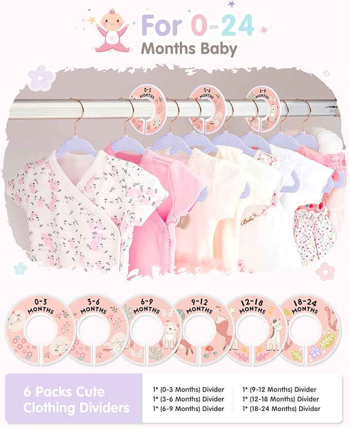 Baby Hangers, VIS'V 11 Inch Lavender Velvet Kids Hangers with 6 Pcs Size Dividers Non Slip Nursery Children Closet Clothes Hangers for Infant Toddler Girls and Boys 50 Pcs