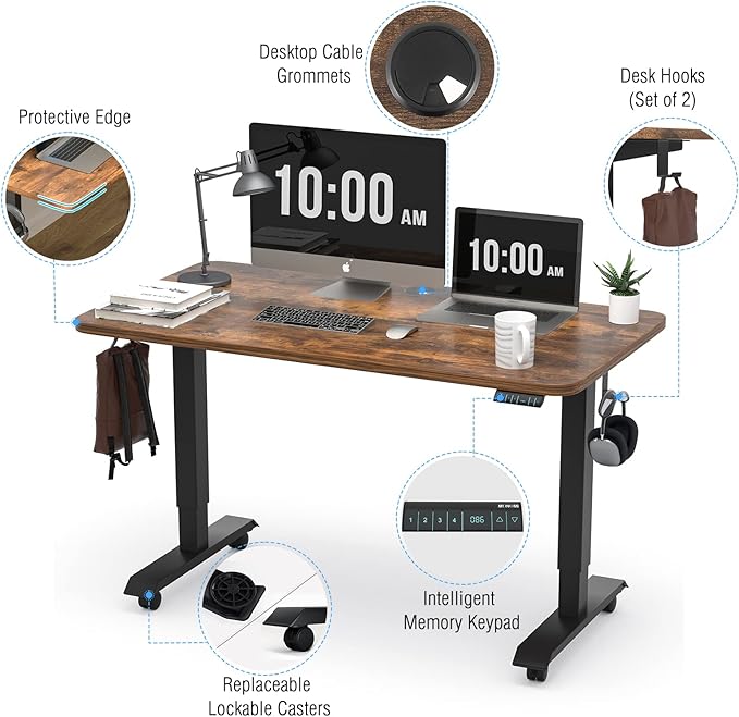 Monomi Electric Height Adjustable Standing Desk, 48x24 Inches, Ergonomic Home Office Sit/Stand Up Desk with Two-Piece Desktop (Black Steel Frame/Rustic Brown Top)