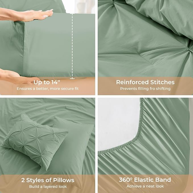 Sasttie California King Comforter Set, 7-Piece Bed in a Bag Cal King, Pintuck Bedding Set for All Season, Includes Comforter, Flat Sheet, Fitted Sheet, Pillowcases and Pillowshams, Sage Green