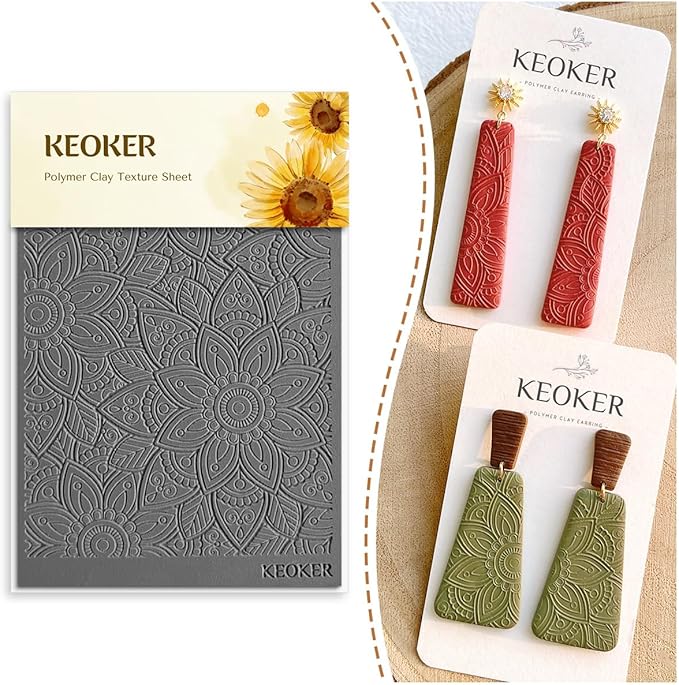 KEOKER Polymer Clay Texture Sheets Set, Works with Boho Polymer Clay Cutter,The Same Effect as Polymer Clay Texture Roller, Boho Texture Sheets for Polymer Clay, Clay Earring Molds for Earrings (2)