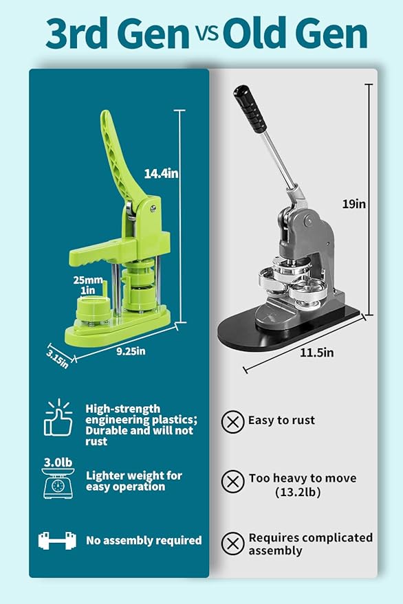 Button Maker Machine, (3rd Gen) Installation-Free 25mm(1 in) DIY Pin Button Maker Press Machine Kit, Badge Punch Press Machine with Free 500pcs Button Parts&Pictures&Circle Cutter&Magic Book