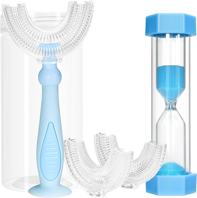 Kids U Shaped Toothbrush with 2 Minutes Sand Timer,Toddler Toothbrush for Childrens Whole Mouth Kid Toothbrushes (2-6 Year, Blue)