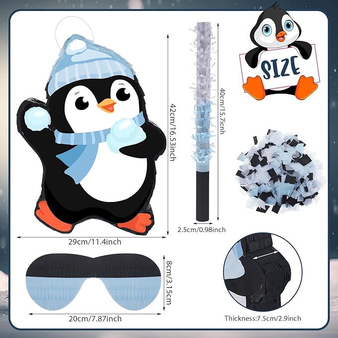 Lewtemi 15.1 Inch Penguin Piñata Winter Penguin Party Supplies Candy Animal Piñata with Stick Confetti and Blindfold Gift for Boy Girl Adults Winter Theme Birthday Party Supplies Decorations (Elegant)